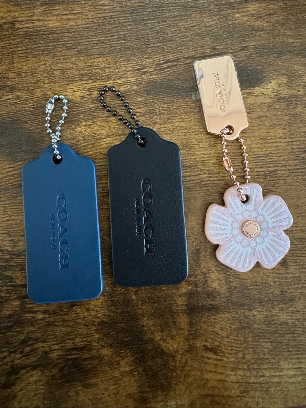 Coach Leather Hangtag and Flower Charm Bundle - Navy, Black, Pink